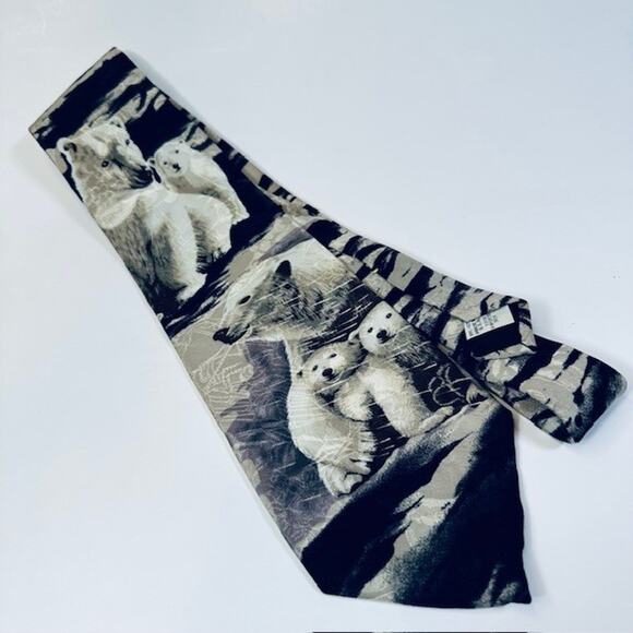 Endangered Species Men's Neck Tie Artic Polar Bears, Blk/White/Blu 100% Silk USA - Picture 3 of 14